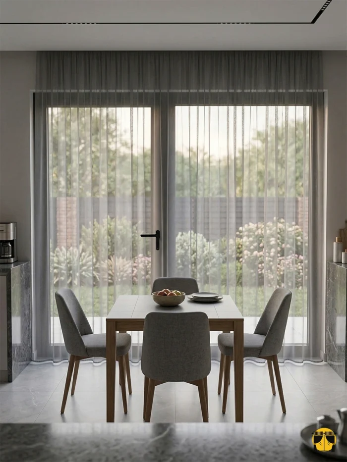 Doğal lif efektli gri keten kumaşın mat yüzeyini ve kaliteli dökümünü sergileyen yakın plan çekimi; mutfaklar için ütü istemeyen rüstik tekstür.