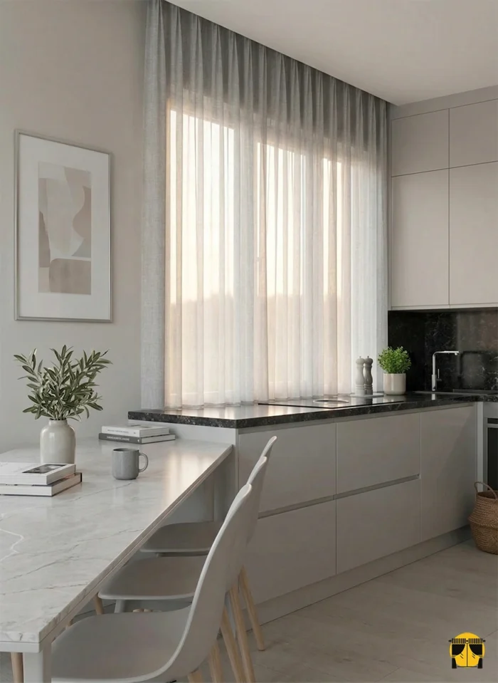 Açık gri keten mutfak tül perdesinin doğal gözenekleri arasından süzülen güneş ışığının, mutfakta yarattığı modern, gümüşi ve huzurlu aydınlık