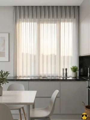 Doğal lif efektli açık gri keten kumaşın mat yüzeyini ve kaliteli dökümünü sergileyen yakın plan çekimi; mutfaklar için ütü istemeyen rüstik tekstür