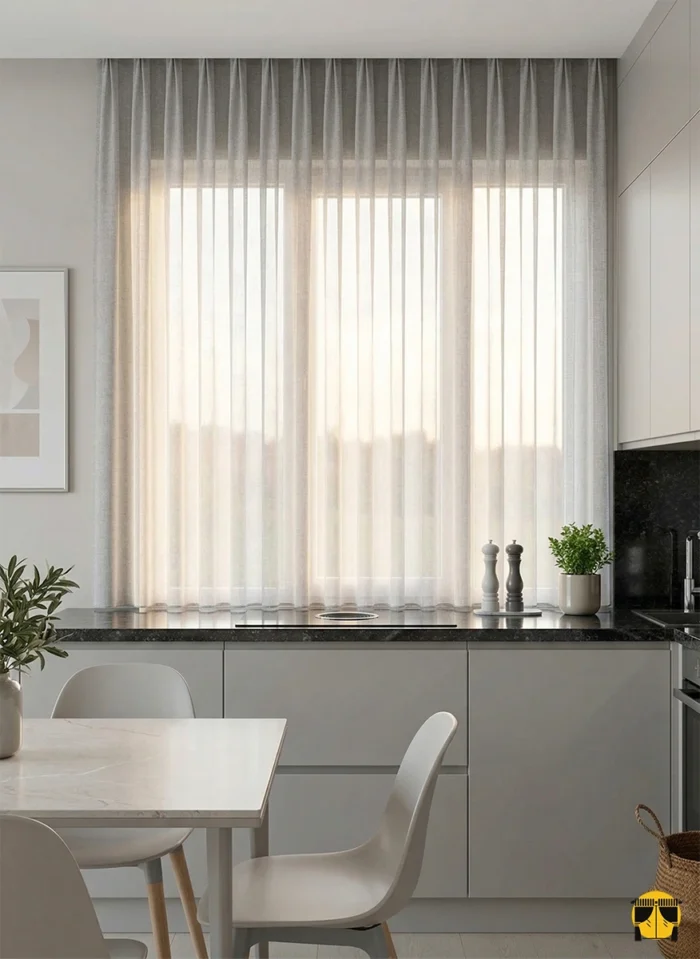 Doğal lif efektli açık gri keten kumaşın mat yüzeyini ve kaliteli dökümünü sergileyen yakın plan çekimi; mutfaklar için ütü istemeyen rüstik tekstür