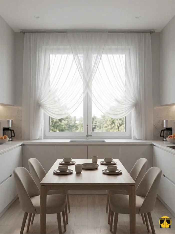 Renkli mutfak dolapları ve ahşap detaylarla uyum sağlayan, dökümlü yapısı sayesinde mutfağa ferah bir derinlik katan düz ekru tül perde tasarımı