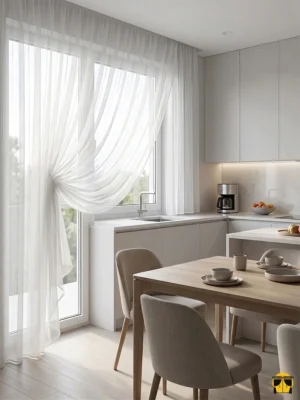 Modern bir mutfakta, gün ışığını en doğal haliyle içeri alan ve her tarza uyum sağlayan kaliteli dökümlü ekru beyaz tül perde sergisi.
