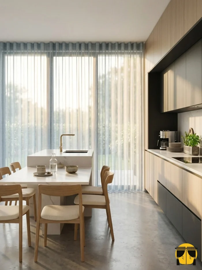 Kontrast ve Stil: "Gri mutfak tezgahı önünde modern bir denge oluşturan, dökümlü yapısı ve pastel tonuyla mutfağa 'İskandinav' şıklığı katan kaliteli keten tül perde sergisi."