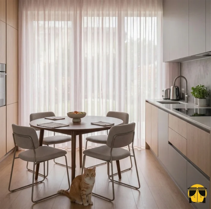 Ağır dökümü sayesinde rüzgarda formunu bozmayan, ütü gerektirmeyen ve modern bir zarafet sunan kaliteli açık pembe kalın keten mutfak perdesi detayı