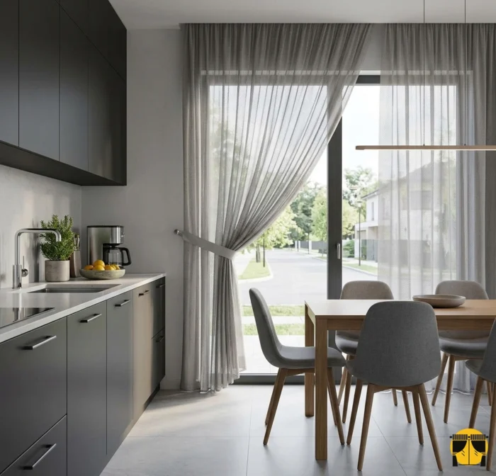 Doku Detayı: "Zırh dokuma teknolojisinin sağladığı geometrik lif yapısını ve koyu bejin mat yüzeyini sergileyen yakın plan çekimi; mutfaklar için dayanıklı ve kaliteli tekstür."