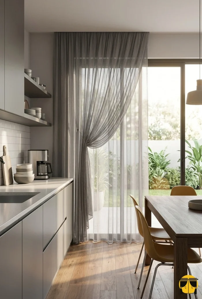 Kontrast ve Stil: "Beyaz mutfak dolapları önünde asil bir kontrast oluşturan, gün ışığını füme bir filtreyle içeri alan kaliteli dökümlü zırh tül perde sergisi."