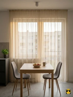 Bej rengi düz mutfak tül perdesinin pürüzsüz dokusu arasından süzülen güneş ışığının, mutfakta yarattığı sıcak, kremimsi ve huzurlu aydınlık.