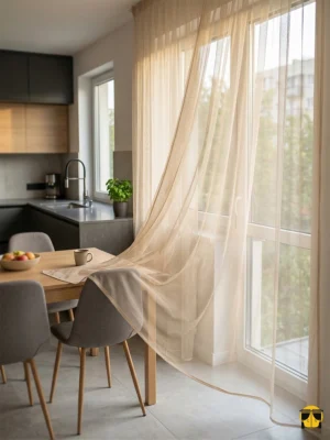 Desensiz ve mat yüzeyiyle dikkat çeken bej tülün yakın plan çekimi; mutfaklar için ipeksi yumuşaklıkta ve ütü istemeyen kumaş kalitesi