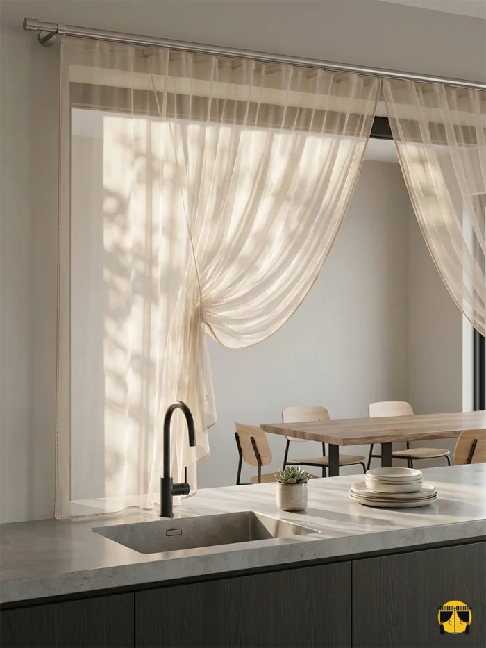 Ahşap tezgah ve krem dolaplarla uyum sağlayan, dökümlü yapısı sayesinde mutfağa sıcak bir derinlik katan düz bej tül perde tasarımı