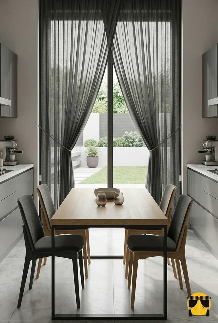 Beyaz mutfak dolapları önünde asil bir kontrast oluşturan, gün ışığını füme bir filtreyle içeri alan kaliteli dökümlü duman gri tül perde sergisi.
