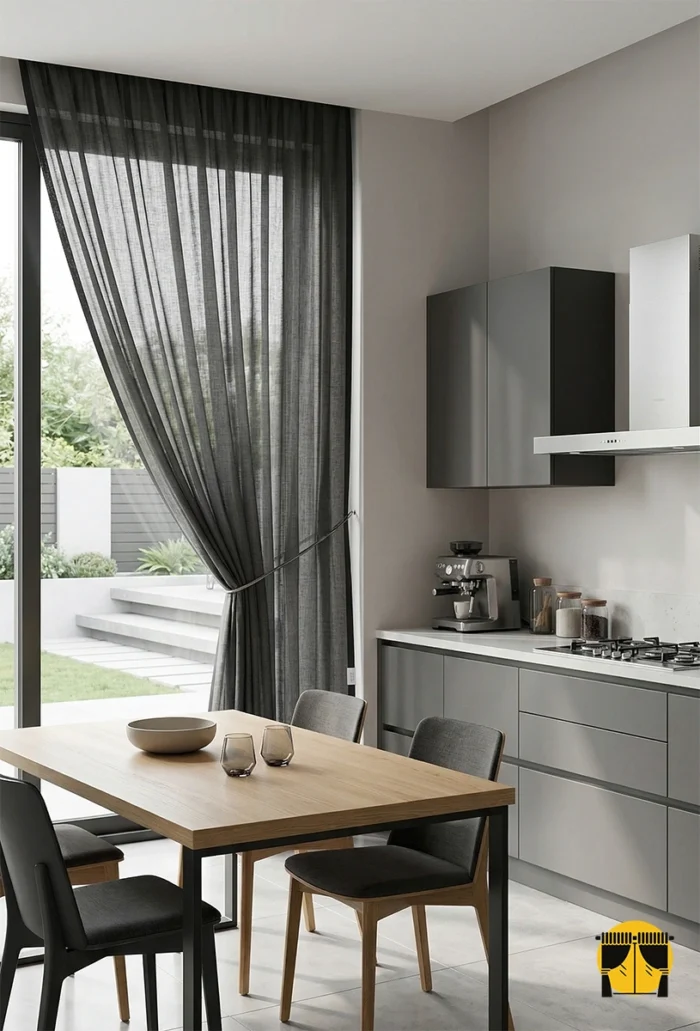 Ağır dökümü sayesinde rüzgarda zarifçe süzülen, ütü gerektirmeyen ve modern bir endüstriyel şıklık sunan kaliteli duman gri mutfak perde detayı.