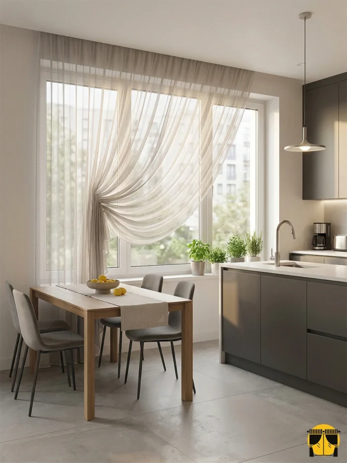 Modern bir mutfakta, gün ışığını yumuşatarak içeri alan ve her tarza uyum sağlayan kaliteli dökümlü sütlü kahve tül perde sergisi