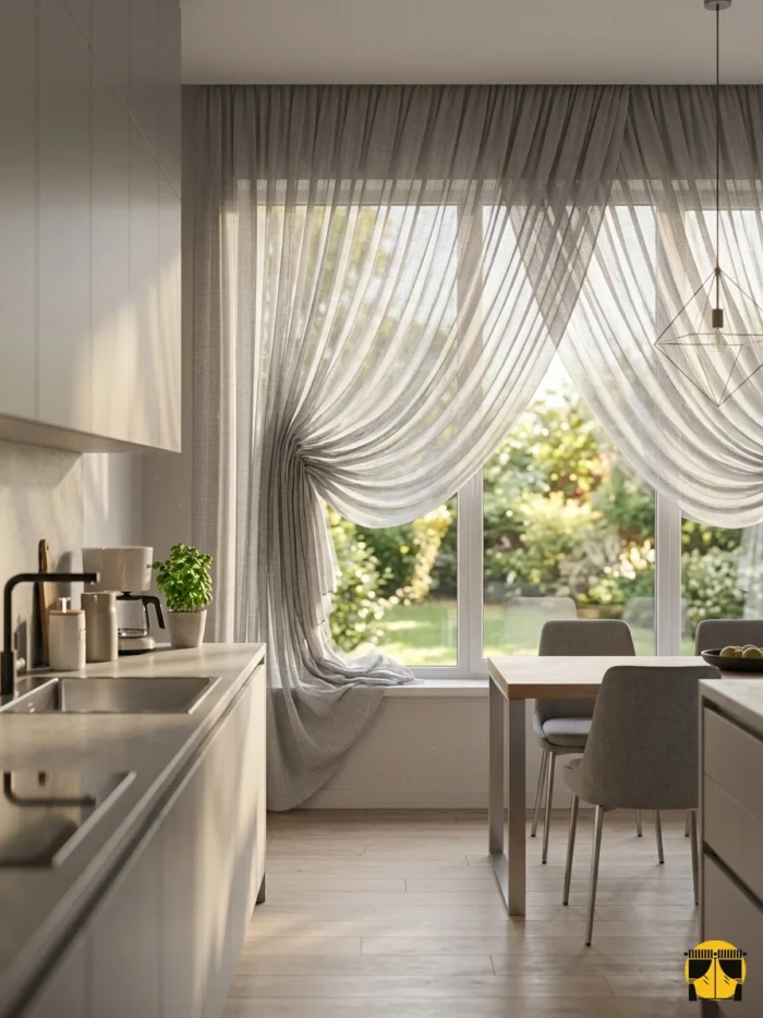 Duruş ve Estetik: "Ağır dökümü sayesinde rüzgarda formunu bozmayan, ütü gerektirmeyen ve modern bir zarafet sunan kaliteli Diamond kiremit fon perde detayı."