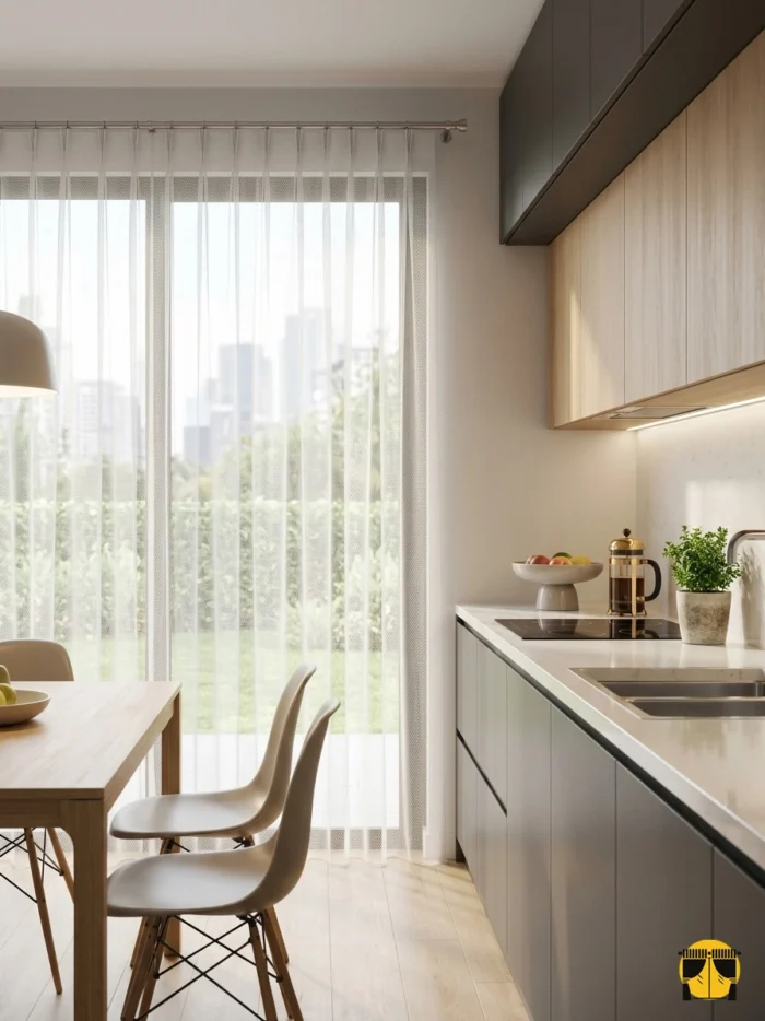 Işık ve Atmosfer: "Krem keten mutfak tül perdesinin doğal gözenekleri arasından süzülen güneş ışığının, mutfakta yarattığı sıcak, samimi ve huzurlu aydınlık."