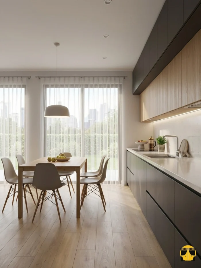 Doku Detayı: "Doğal lif efektli krem keten kumaşın mat yüzeyini ve kaliteli dokumasını sergileyen yakın plan çekimi; mutfaklar için leke gizleyen rüstik tekstür."