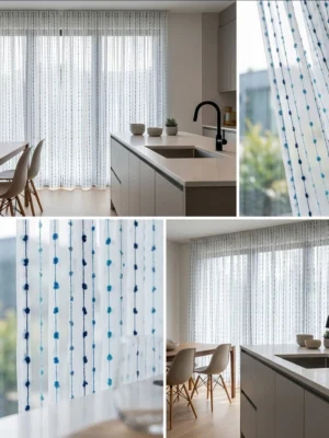 Doku Detayı: "Kırık beyaz zemin üzerine mavi kadife ponponların ve dikey çizgilerin 3 boyutlu etkisini sergileyen yakın plan çekimi; mutfaklar için özgün ve kaliteli tekstür."