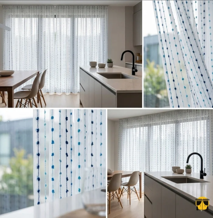 Doku Detayı: "Kırık beyaz zemin üzerine mavi kadife ponponların ve dikey çizgilerin 3 boyutlu etkisini sergileyen yakın plan çekimi; mutfaklar için özgün ve kaliteli tekstür."