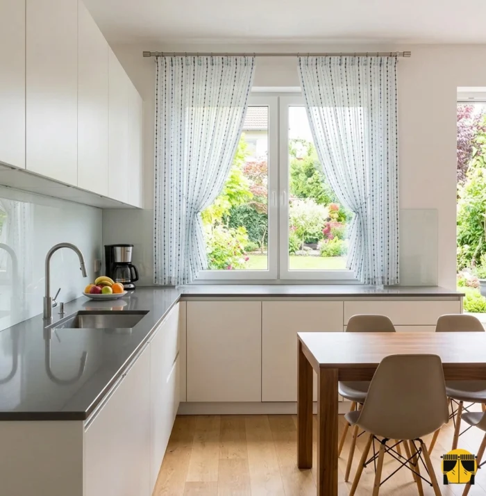 Mutfak Tasarımı: "Beyaz dolaplar ve mavi mutfak aksesuarlarıyla dekore edilmiş modern bir mutfakta, pencerelere hareket ve tarz katan ponponlu çizgili tül perde tasarımı."