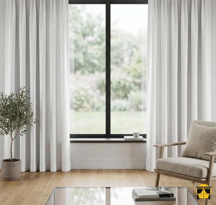 Minimalist döşenmiş modern bir salonda, pencereleri temiz ve asil bir çerçeveyle çevreleyen kırık beyaz fon perde tasarımı