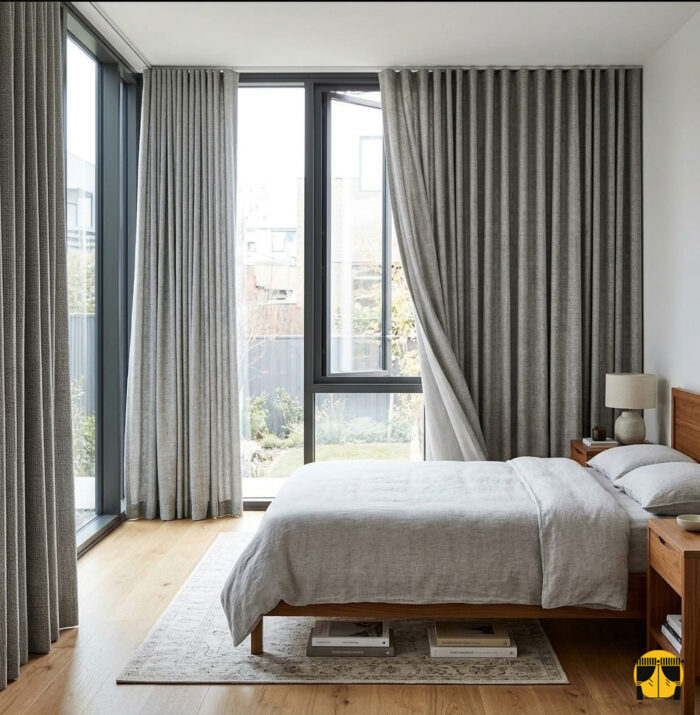 "Rattan yatak başlığı ve hasır aksesuarlarla dekore edilmiş modern bir yatak odasında, pencerelere tropikal bir derinlik katan Havana fon perde."