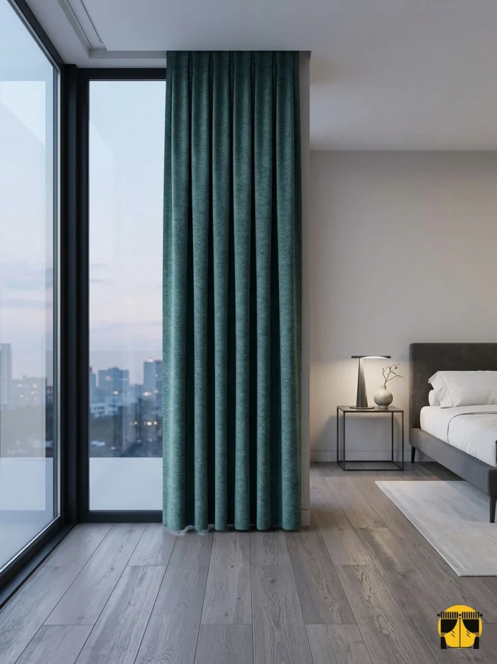 "Özel dokuma teknolojisiyle üretilmiş petrol mavisi fon perde kumaşının mat yüzeyini ve kaliteli lif yapısını sergileyen yakın plan."