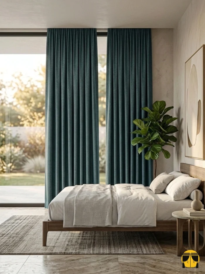 "Ceviz mobilyalar ve gri detaylarla dekore edilmiş modern bir yatak odasında, pencerelere karakter katan petrol mavisi fon perde tasarımı."