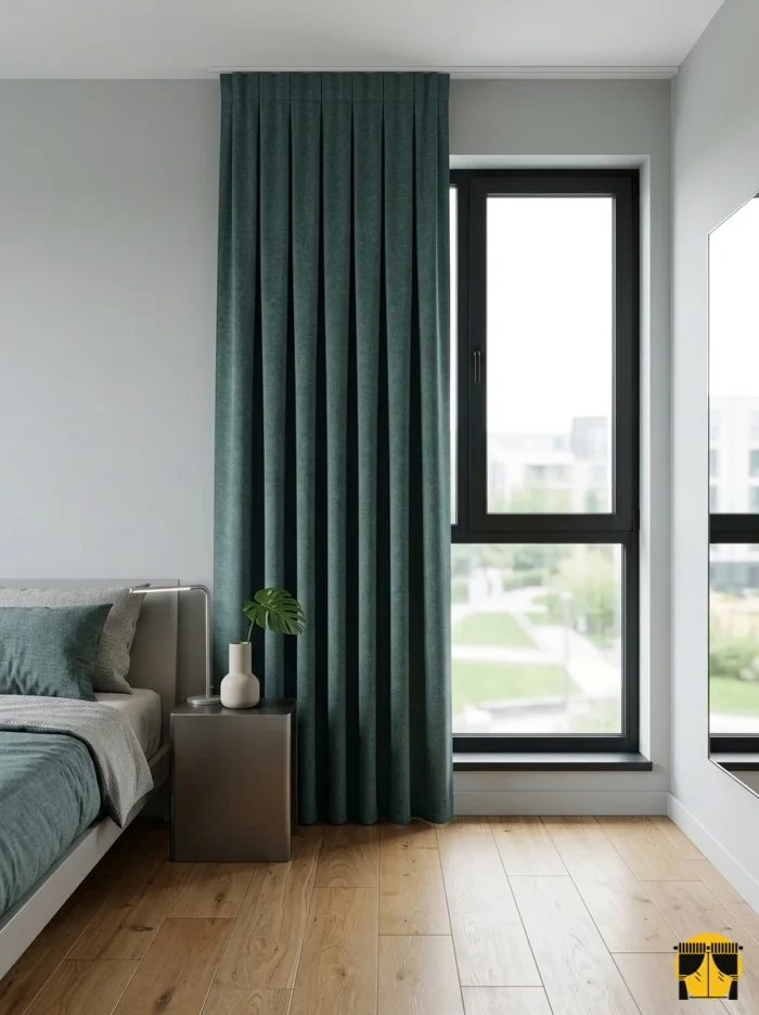 "Gümüş gri tüllerle kombinlenmiş, ağır dökümü sayesinde mimari bir sütun gibi duran petrol mavisi keten fon perde uygulaması."