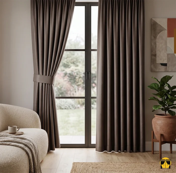 "Ekru keten tüllerle kombinlenmiş, pencerelerde modern bir rustik şıklık oluşturan ağır dökümlü kahverengi blackout perde uygulaması."