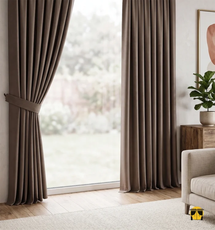 "Bolton kahverengi blackout fon perdenin ışığı tamamen kesen yapısı ve mat yüzeyinin yatak odasında yarattığı huzurlu ve karanlık atmosfer."