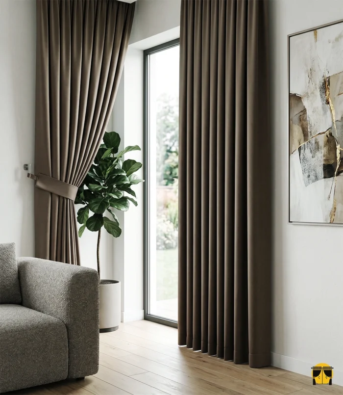 "Üç katmanlı dokuma teknolojisiyle üretilmiş derin kahve tonundaki yüksek kaliteli karartma fon perde kumaşını sergileyen yakın plan çekimi."