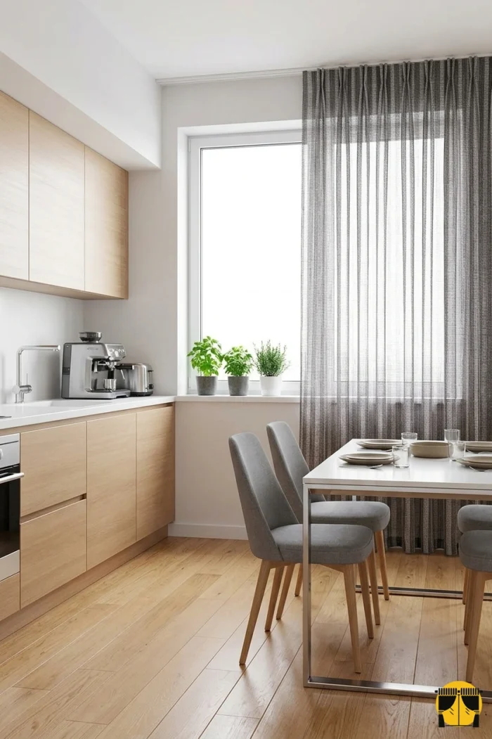 "Ağır dökümü sayesinde rüzgarda zarifçe süzülen, ütü zahmetini ortadan kaldıran profesyonel dikim çizgili mutfak tül perdesi."