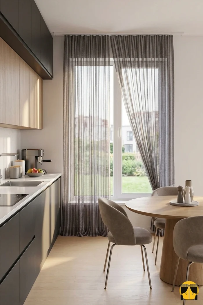 "Mutfak pencerelerinde gün ışığını yumuşak bir şekilde süzerek pastel bir ambiyans yaratan çizgili tül perde görseli."