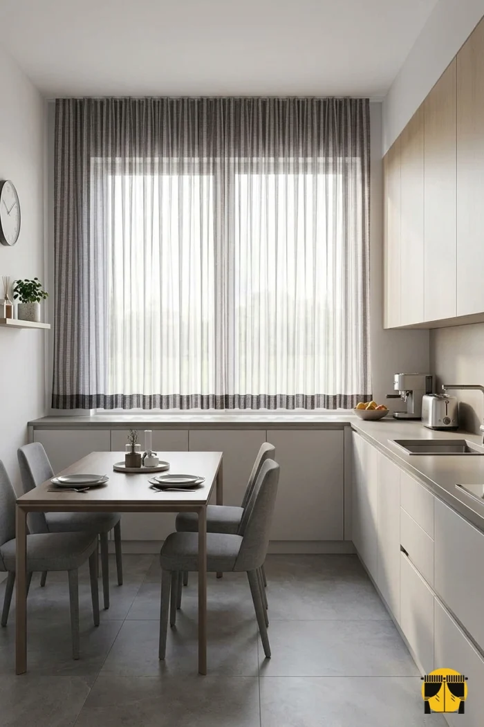 "Mat dokusu sayesinde ışığı yansıtmayan, dikey lila çizgileriyle pencerelerde şık bir duruş sergileyen kaliteli tül perde görseli."