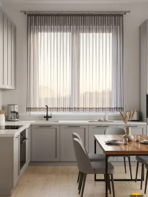 "Beyaz duvarlar önünde asil bir renk geçişi oluşturan, dökümlü yapısı ve bahar tonlarıyla her mutfağa uyum sağlayan Bomlo lila tül."