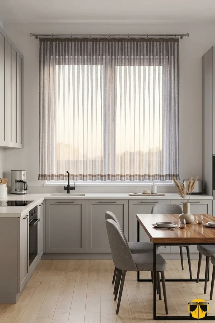 "Beyaz duvarlar önünde asil bir renk geçişi oluşturan, dökümlü yapısı ve bahar tonlarıyla her mutfağa uyum sağlayan Bomlo lila tül."