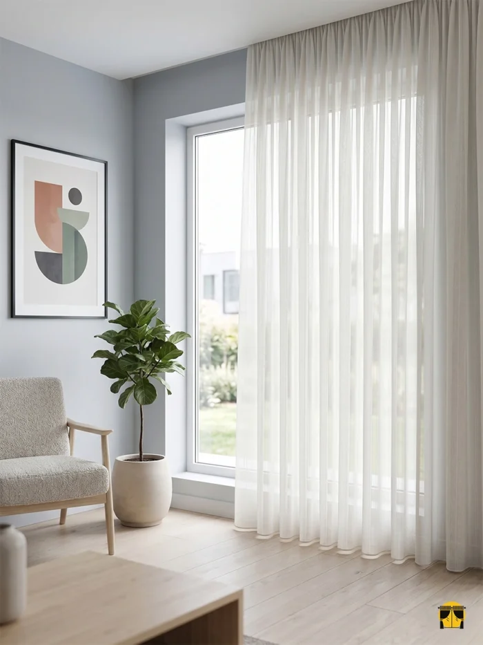 "Lapaz ekru krem keten tül perdenin hasır detaylı dokusu arasından süzülen güneş ışığının, oda içerisinde yarattığı rüstik ve ferah aydınlık."