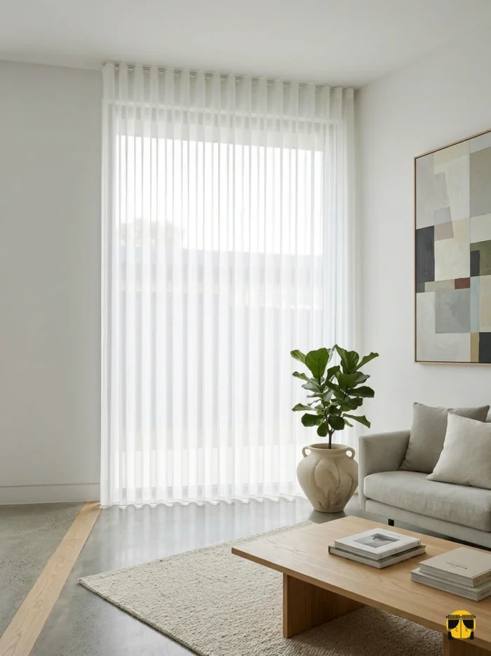 "Ahşap mobilyalar ve jüt halıyla dekore edilmiş modern bir salonda, pencerelere doğal bir derinlik katan Lapaz keten tül tasarımı."