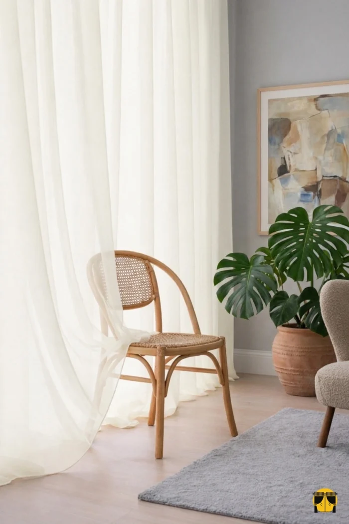 "Lapaz krem keten tül perdenin ilmek detaylı dokusu arasından süzülen güneş ışığının, oda içerisinde yarattığı rüstik ve ferah aydınlık."