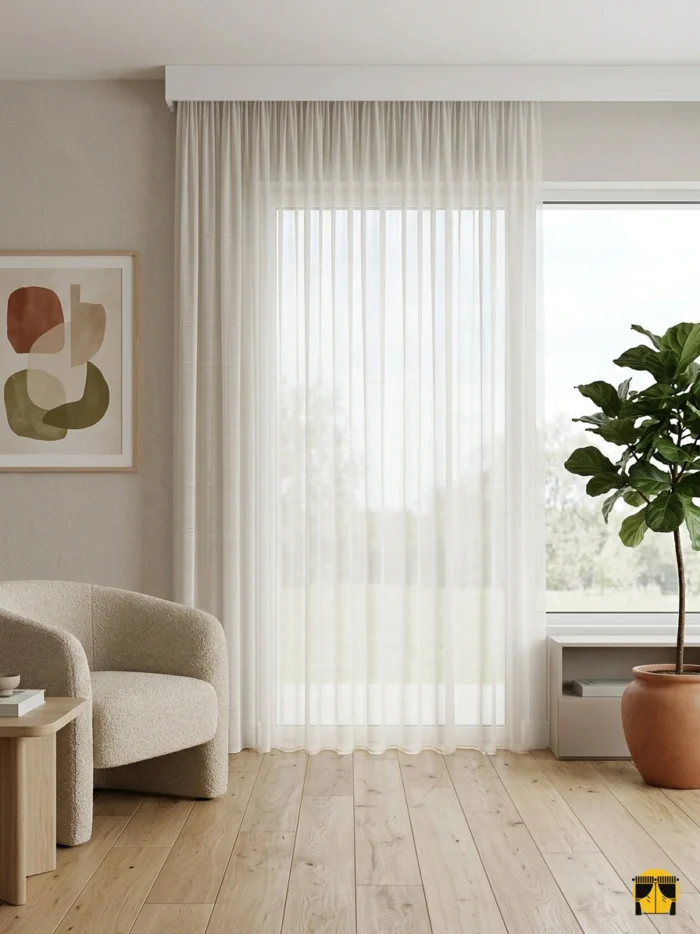 "Özel ilmek dokuma teknolojisiyle üretilmiş krem tonundaki dökümlü keten tül perde kumaşını ve mat lif yapısını sergileyen yakın plan çekimi."