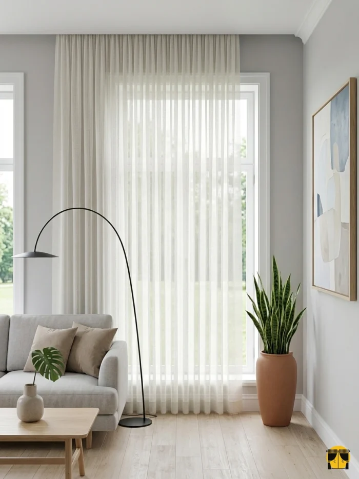 "Özel ilmek dokuma teknolojisiyle üretilmiş krem tonundaki dökümlü keten tül perde kumaşını ve mat lif yapısını sergileyen yakın plan çekimi."