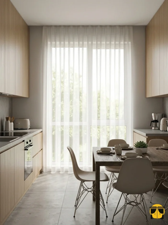 "Sık yıkamaya dayanıklı, formunu bozmayan dikey dökümlü kaliteli mutfak perdesi kumaş detayı."