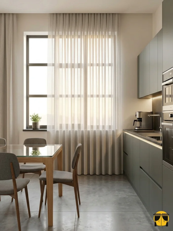 "Gri mutfak dolapları ve ahşap tezgahla kombinlenmiş, pencerelere sıcaklık katan Ninas kalın tül perde uygulaması."
