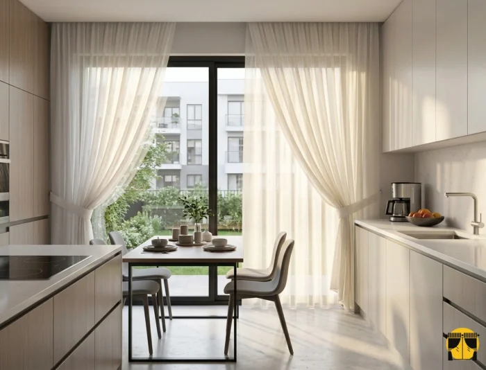 "Gündüz mahremiyeti sağlayan, dışarıdan içeriyi göstermeyen tok dokulu kırık beyaz mutfak tül perdesi."