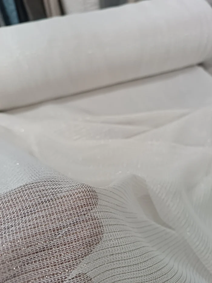 Mutfak Tül Perdesi - Altın Rengi Şeritli - Parıltılı Ekru Beyaz Tül Perde