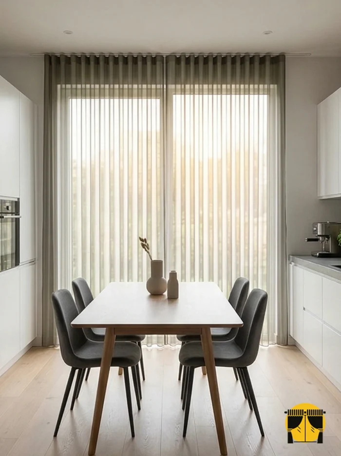 "Koyu renk mutfak dolapları ve metal detaylarla kombinlenmiş, dökümlü yapısı ve geometrik dokusuyla mutfağa 'Contemporary' şıklığı katan kaliteli kurşun kahve tül perde sergisi."