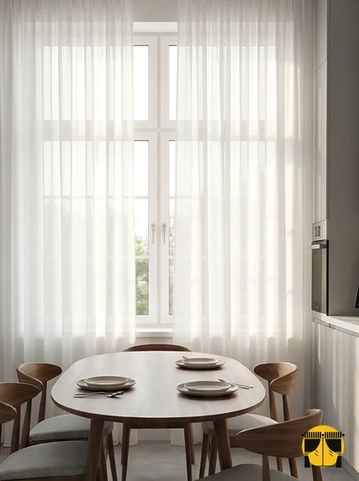 "Antrasit ankastre setler önünde yumuşak bir kontrast oluşturan, dökümlü yapısı ve bej tonuyla mutfağa rüstik şıklık katan kaliteli tül perde sergisi."