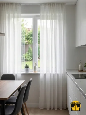 "Ağır dökümü sayesinde rüzgarda formunu bozmayan, ütü gerektirmeyen ve mutfak buharına dayanıklı kaliteli bej krep tül perde detayı."