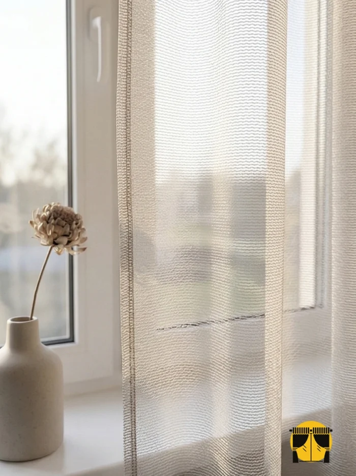 "Ahşap tezgah ve beyaz dolaplarla dekore edilmiş modern bir mutfakta, pencerelere sıcaklık ve ferahlık katan bej düz tül perde tasarımı."