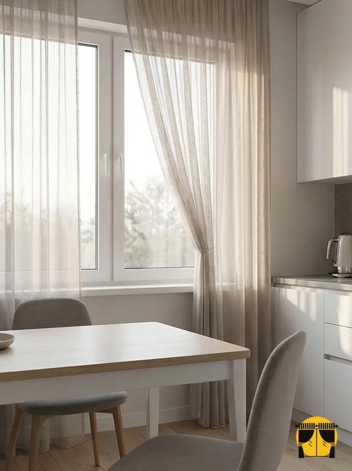 "Antrasit ankastre setler önünde yumuşak bir kontrast oluşturan, dökümlü yapısı ve bej tonuyla mutfağa 'Modern Farmhouse' şıklığı katan kaliteli tül perde."