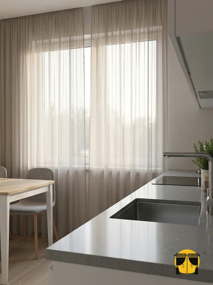 "Kırışmaya dayanıklı yapısı ve leke gizleyen rengiyle mutfaklar için ideal, ütü gerektirmeyen premium bej düz tül perde detayı."